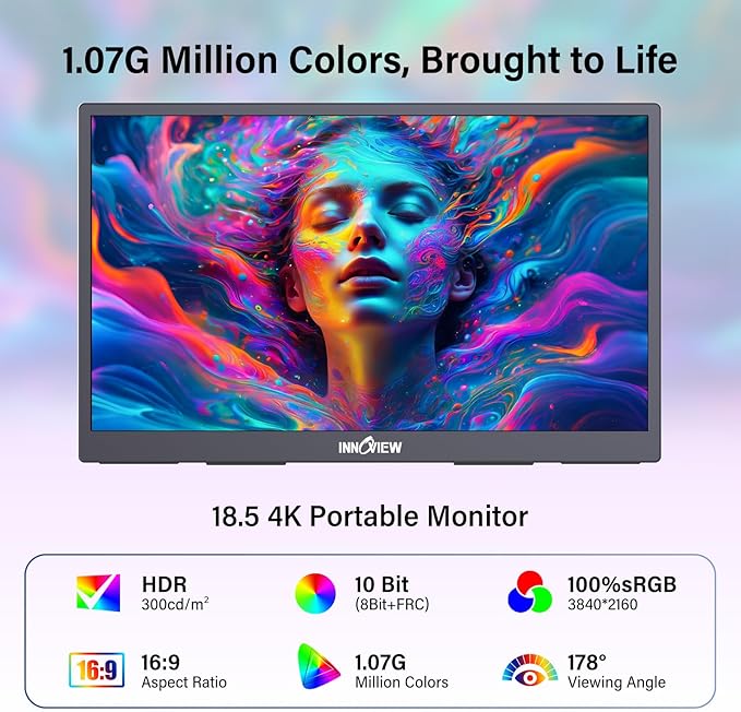 InnoView 4K Portable Monitor 18.5 3840x2160 UHD USB-C HDMI for Laptop 10Bit IPS Computer Gaming Display HDR Travel Monitor with W/180°Adjustable Stand for Desktop Mac Phones Tablet PS5/4 Switch