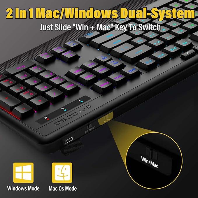 Wireless Bluethooth Gaming Keyboard8 RGB Backlit light upSilent Touch Less Noise 95%Ergonomic Wrist RestUSB C RechargeableTri-mode BT5.0/2.4GHz/WiredFor PC Computer/Mac/Laptop/IPad/Xbox/PS5
