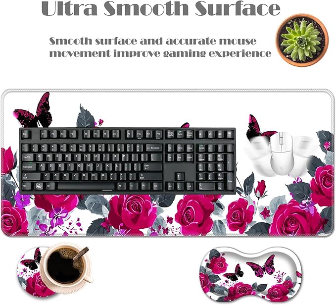 Ergonomic Keyboard Wrist Rest &amp Mouse Pad Wrist Rest SetXL Gaming Desk Mat 31.5x 11.8Non-Slip BaseMemory FoamEasy Typing Pain Relief for Office &amp HomeRoses and Black Butterflies