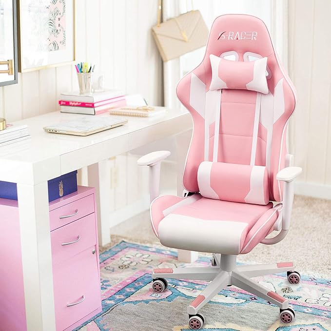 Homall Gaming Chair Office Chair High Back Computer Chair Leather Desk Chair Racing Executive Ergonomic Adjustable Swivel Task Chair with Headrest and Lumbar Support(Pink)