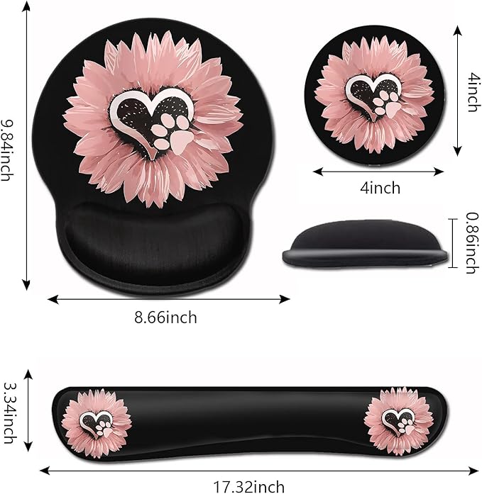 Mouse Pad with Wrist Support Ergonomic Gel Mouse Pad Memory Foam Keyboard Wrist Restfor Office Typing Games Sunflower and Dog Paw Print Pet and Pink Flowers Desktop Decoration