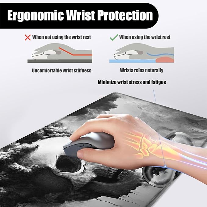 Mouse PadLarge Desk Mat Set 4in1 XL Mousepad + Keyboard Wrist Rest+Mouse Wrist Rest+Coaster with Ergonomic Desk Pad for Home Office Table Computer Cover -Smoky Skull Art