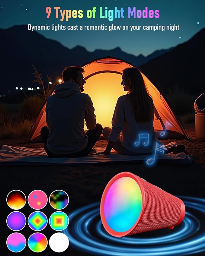 Portable Bluetooth Speaker Wireless with 9 Color Lights 20H Playtime Stereo Pairing Deep Bass IPX6 Waterproof Bluetooth 5.3 Small Speaker for Home Party Outdoor Camping Beach Gift