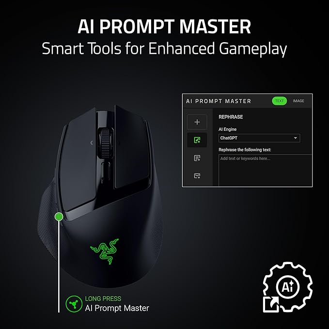 Razer Basilisk Mobile Portable Ergonomic Wireless Gaming Mouse: 10 Programmable Controls HyperScroll - Optical Switches Gen-3 - Long Battery Life - AI Prompt - 2.4 GHz Bluetooth USB C