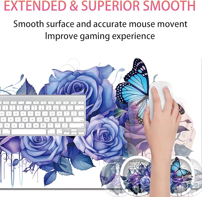 Large Gaming Mouse Pad + Mouse Wrist Rest Pad + Coaster Combination 31.5 x 11.8 Durable Non-Slip Extension Table Mat Suitable for Office and Home Roses Butterflies Verse Phil 4-13