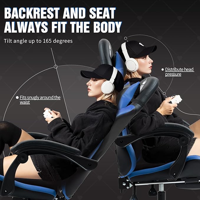 Gaming Chair with Footrest Ergonomic Computer Chair for Adult Adjustable Headrest Lumbar Pillow Large Size Reclining Gaming Chair Big and Tall with Linkage Armrest for Home Office Gaming (Blue)