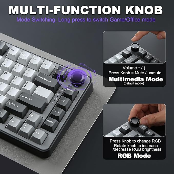YUNZII B75 PRO Wireless Mechanical Keyboard75% Layout with KnobHot Swap Gasket StructureCreamy Pre-lubed SwitchesRGB BacklitBluetooth/Type-C/2.4G for Win/Mac (Dark Grey Milk Switch)