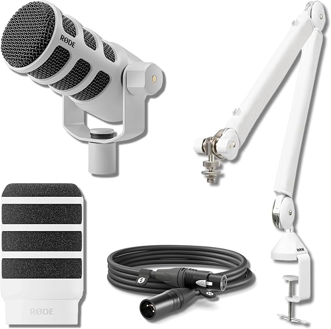 Rode PodMic USB Dynamic Broadcast Microphone (White) with Rode PSA1+ Professional Studio Boom Arm (White) Rode Premium XLR Cable and Pop Filter (10' White)