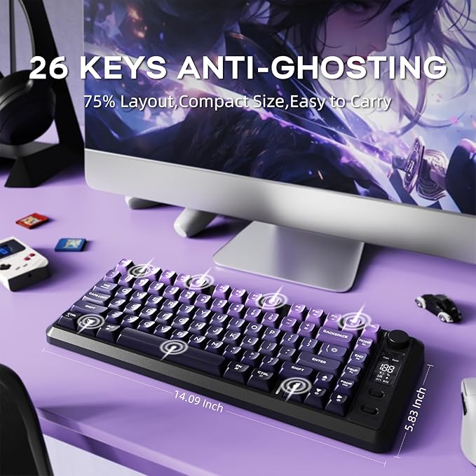 M75 Wireless Gaming Keyboard Mechanical Feel Membrane with Knob &amp OLED Display Bluetooth/2.4Ghz Rainbow Backlit Gradient PBT Keycaps 2000mAH Battery Anti-Ghosting-Purple