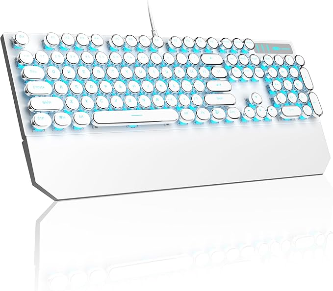 MageGee Typewriter Mechanical Gaming Keyboard Retro Punk White Round Keycaps 104 Keys LED Blue Backlit Wired Keyboards for Laptop MAC PC Gamer with Magnetic Wrist Rest Blue Switch
