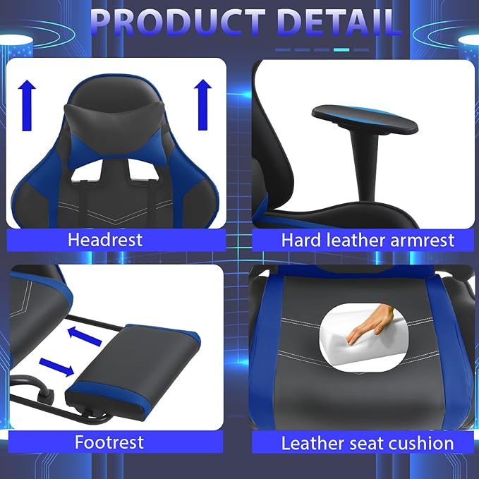 PayLessHere Racing Gaming Chair Office Massage Chair Ergonomic Recliner with Computer Desk PU Leather Lumbar Support Footrest Rolling Swivel and Task Function Ultimate Comfort for Adults (Blue)
