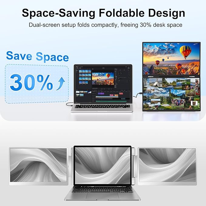 18.5'' Portable Dual Monitor One Cable Laptop Screen Extender FHD 1080P 100Hz Type-C USB-A HDMI Folding Stacked Triple Monitor Built-in Stand Speakers for Laptop Desktop Windows Mac(Driver Need)