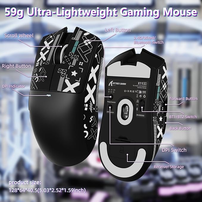 MAMBASNAKE Attack Shark X11SE Lightweight Wireless Gaming Mouse Tri-Mode 2.4G/USB-C Wired/BT 22K DPI PAW3311 Optical Sensor 59g 5 Programmable Buttons 300mAh Battery for PC/Mac(Black-Griptape)