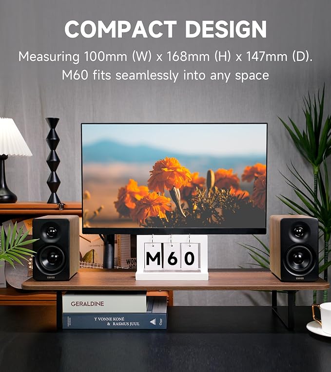 Edifier M60 Multimedia Speaker Bluetooth 5.3 66W RMS Hi-Res Audio &amp Hi-Res Wireless Audio LDAC3 Mid Bass &amp 1 Tweeter USB-C &amp Aux Inputs Compact Desktop Speaker – Classic Oak (Renew