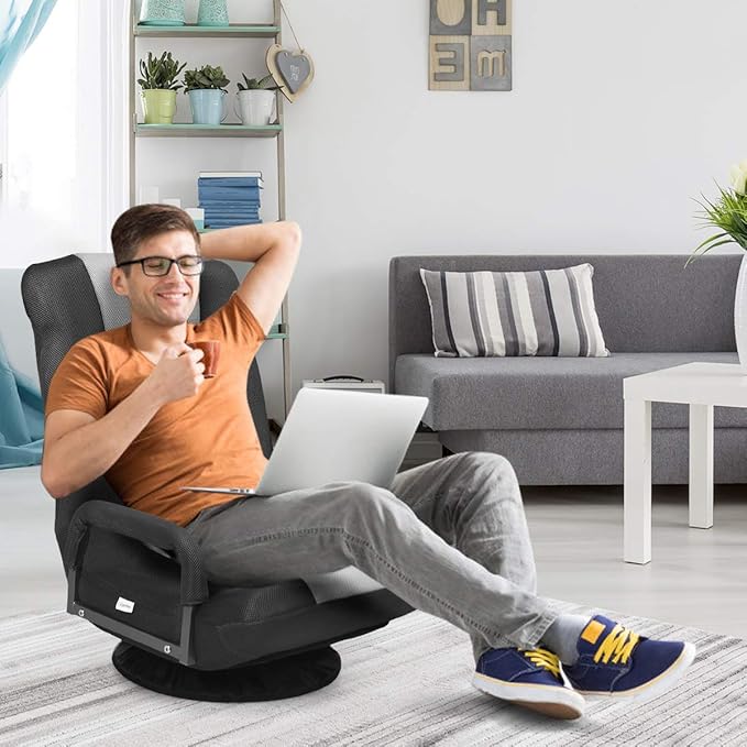 GOFLAME Swivel Gaming Floor Chair 360 Degree Folding Chair with Adjustable 6-Position Backrest and Armrest Lazy Sofa Lounger for TV Reading Playing Video Games (Black/Grey)
