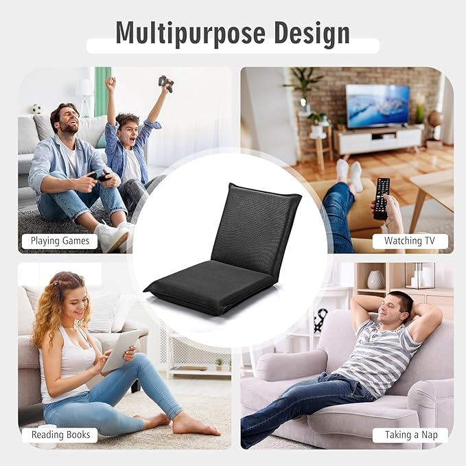 MAT EXPERT Adjustable Floor Chair 6-Position Mesh Floor Gaming Chair Folding Lazy Sofa Padded Lounger Recliner Cushioned Floor Chair with Back Support for Reading Meditating (Black)