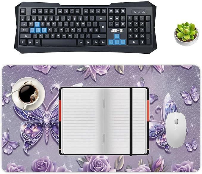 Purple Butterflies Roses Mouse Pad Large Desk Mat Extended Keyboard Mouse Pad with Non-Slip Base and Stitched Edge Mouse Mat Desk Pad 30x16 Mouse Pads for Desk Home Office Gaming
