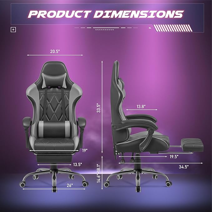 Homall Gaming Chair Computer Chair with Footrest and Massage Lumbar Support Ergonomic High Back Video Game Chair with Swivel Seat and Headrest (Grey)