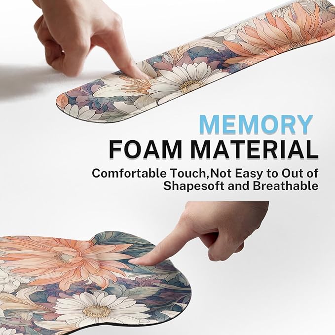 Britimes Boho Aesthetic Flower Keyboard Mouse Pad Set Orange White Florals 4in1 Large Mousepad+Keyboard Wrist Rest+Mouse Wrist Rest+Coaster Ergonomic Design for Home Office Computer 35.4x15.7 inches