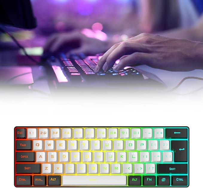 Portable 60% Mechanical Gaming Keyboard 61 Keys RGB Backlit USB Keyboard with Ergonomic Design USB Wired Keyboard for PC Travel (White Black)