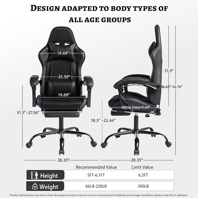 Gaming Chair with Footrest &amp Massage Comfortable Game Chair for Adults Gaming Desk Chairs with Headrest and Lumbar Cushion for Work and Study Adjustable Height Ergonomic (Black)