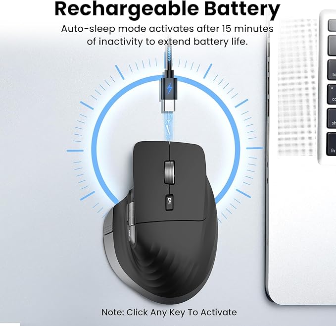 Wireless Bluetooth Mouse Ergonomic Rechargeable Silent Mouse with Multi-Device Adjustable DPI Flying Scroll &amp Thumb Wheel Bluetooth Mice for Laptop Computer Tablet Smartphone (Black)