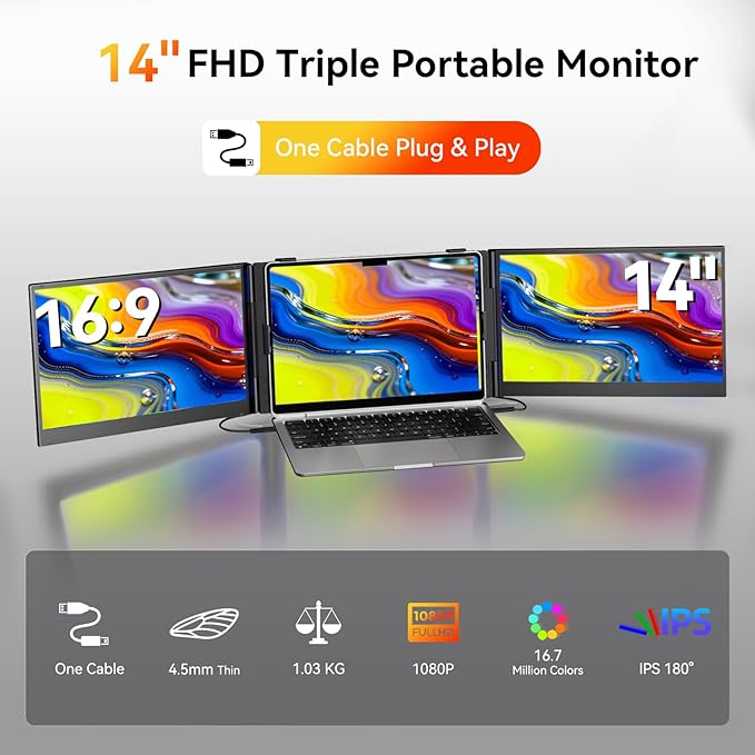 Laptop Screen Extender One Cable - Triple 14 Ultra Thin IPS FHD 1080P Portable Monitor for 13.3-17 Laptops Compatible with Windows Mac Travel Work