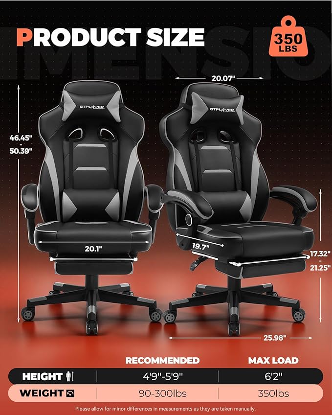 GTPLAYER Gaming Chair with Footrest Big and Tall Game Chair 350lb Racing Style Computer Chair Ergonomic Executive Office Chair High Back with Lumbar Support and Recliner Light Gray