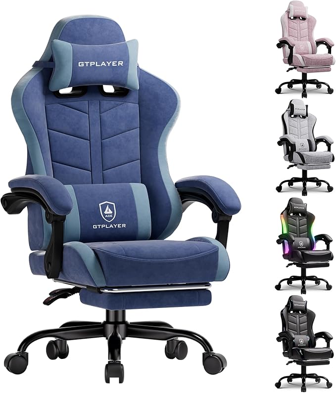 GTPLAYER Gaming Chair with Footrest Computer Gaming Chair for Adults and Kids Height Adjustable Gamer Chair with 90-155° Recline &amp Removable Headrest Lumbar SupportPerformance Fabric Blue