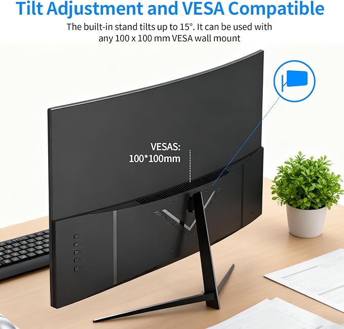 ZZA 27 inch 100Hz Curved Monitor with 1K 1920x1080 Computer Screen 27 inch FHD with HDMIVGA and Wall Mountable|1080P Eye Care PC Office Display for Working and Gaming