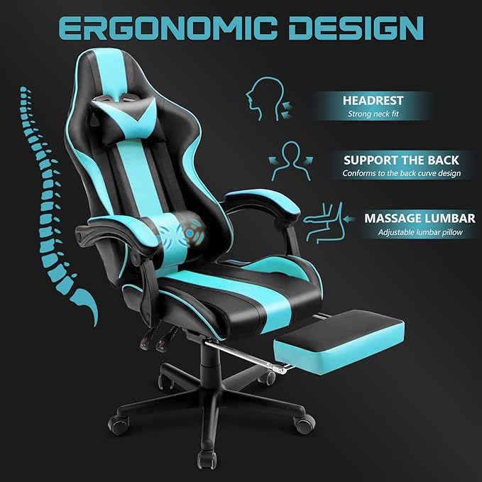 Ferghana Gaming Chairs Ergonomic Racing Style PC Game Computer Chair with Headrest Lumbar Support Adjustable Recliner PU Leather Video Computer Chair(Lake Blue)