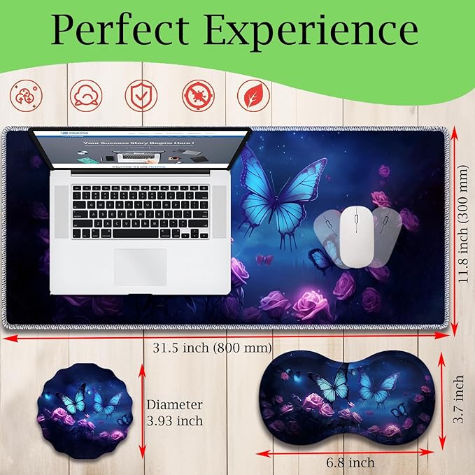 Mouse Pad Set Large Gaming Mouse Pad (31.5X 11.8 inches)+ Wrist Rest Pad + Coaster Ergonomic Wrist pad Home Office Desk Accessories Decor Supplies Starry Sky Butterflies and Purple Roses