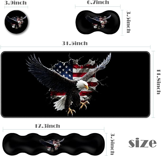 Ergonomic Keyboard Wrist Rest &amp Mouse Pad Wrist Rest SetXL Gaming Desk Mat 31.5x 11.8Non-Slip BaseMemory FoamEasy Typing Pain Relief for Office &amp HomeEagle Breaking American Flag