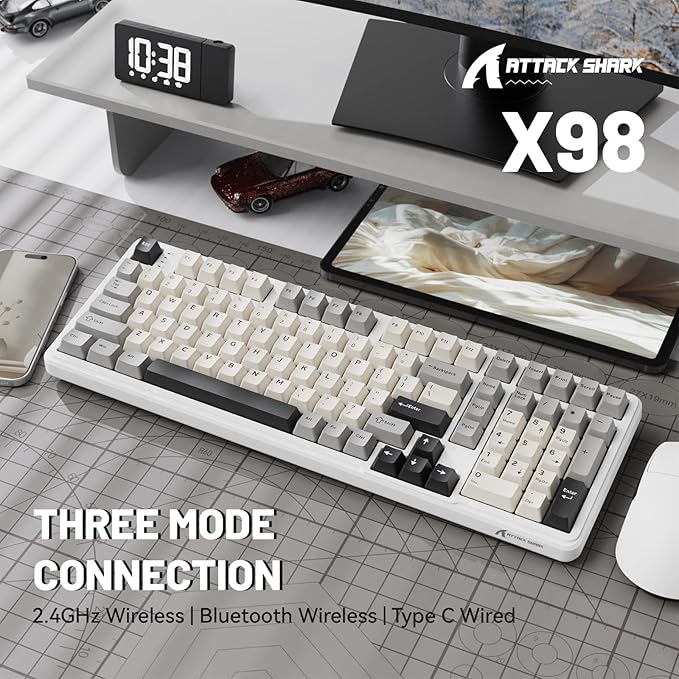 MAMBASNAKE Attack Shark X98 Wireless Mechanical Keyboard with NumpadGasket Mount Hot-Swap Pre-lubed Linear SwitchBT 5.0/2.4G/WiredRGB Backlit Computer Gaming Keyboards for PC/Tablet/PS5/Xbox-White