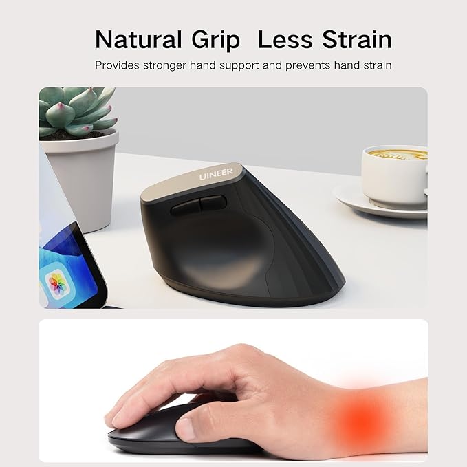 Uineer Vertical Mouse WirelessBluetooth Mouse with BT5.0/4.0/2.4G Rechargeable with Battery IndicatorErgonomic Design for Comfort and Reduced Wrist Strain Ideal for HomeOffice UseMatte Black