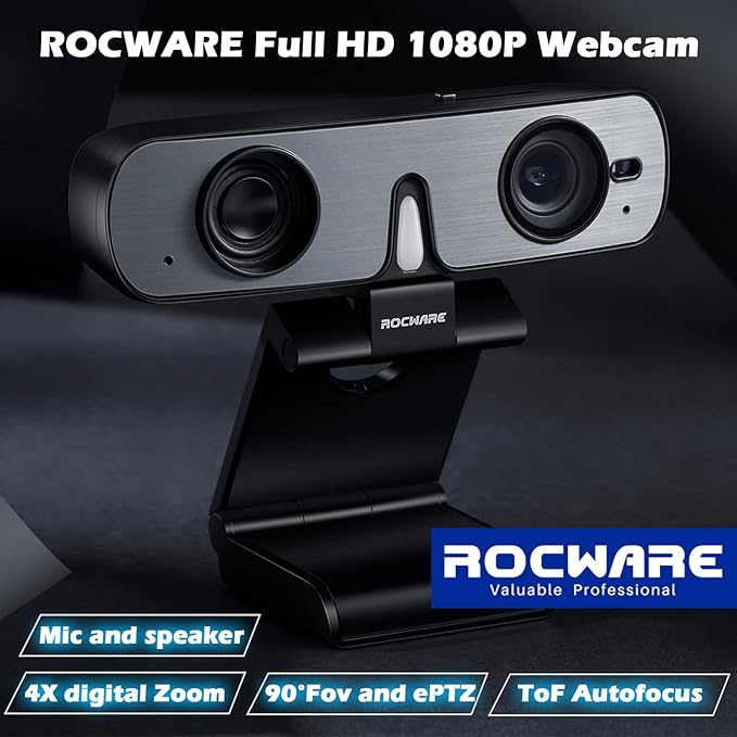ROCWARE RC08 2K Webcam with Speaker Webcam for PC HD Web Cam with Noise Reduction Mic/Harman Speaker/4X Eptz/Privacy Cover/0.2S Auto-Focus/Low Illumination Computer Camera for Zoom/Teams/Meeting