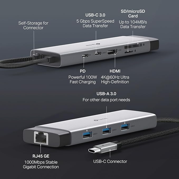 UH9120C 9-in-1 USB Type-C Hub 4K to 60Hz HDMI Ethernet 1Gbps SD and microSD UHS-I 100W AC Adapter 1 USB-C Data Port 3 USB-A Data Ports