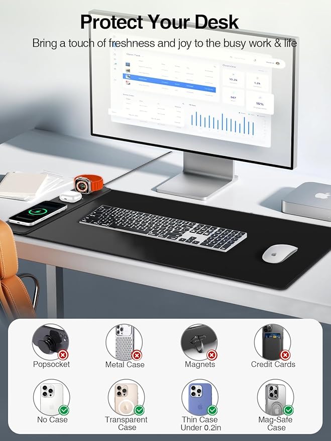 Mouse Pad with Magnetic Wireless Charging Large Desk Mat Non-Slip Mouse Mat Keyboard Pad for Gaming Desk Office PC (The Left Charging-Black)