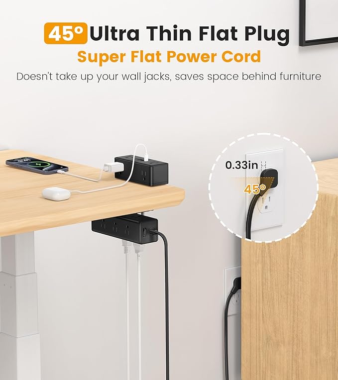 Dual Layer Desk Clamp Power Strip Desktop Edge Mount Surge Protector with 15 AC Outlets &amp 4 USB Ports(20W USB-C) Ultra Thin Flat Plug &amp 15FT Power Cord for Office Home(ETL Listed)