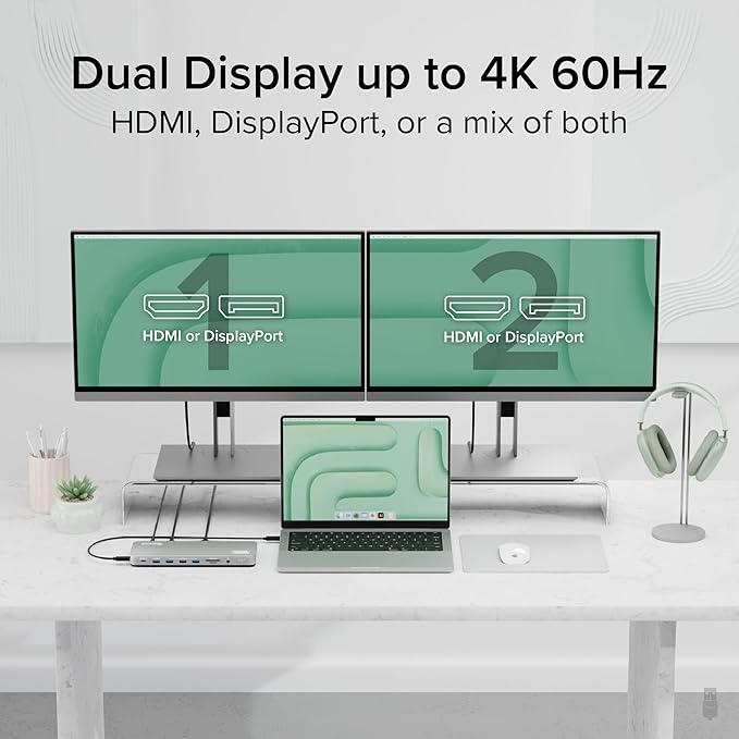 Plugable USB C Laptop Docking Station Dual Monitor 4K 60Hz for Apple Mac M1/M2/M3/M4/M5/Neo 2X HDMI or DisplayPort for MacBook 100W Charging DisplayLink Dock Driver Install Required (UD-6950PDH)