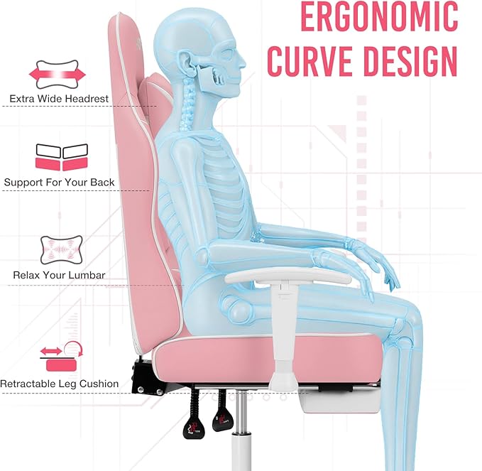 HOFFREE Massage Gaming Chair with Pocket Spring Cushion 155° Reclining Computer Gamer Chair with Footrest and Adjustable Armrests Ergonomic Video Game Chairs Pink and White