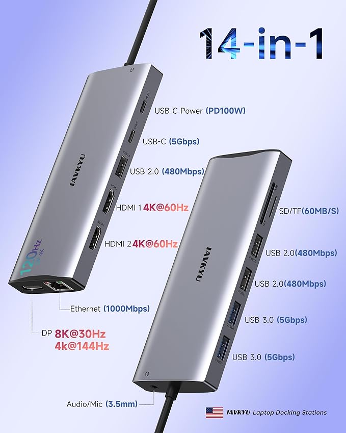 Triple Monitor Docking Station 14-in-1 USB C Hub with DP 8K@30Hz/4K@144Hz Dual HDMI 4K@60Hz 100W PD 7 USB Ports SD/TF Card Reader Gigabit Ethernet for MacBook &amp Windows Laptop