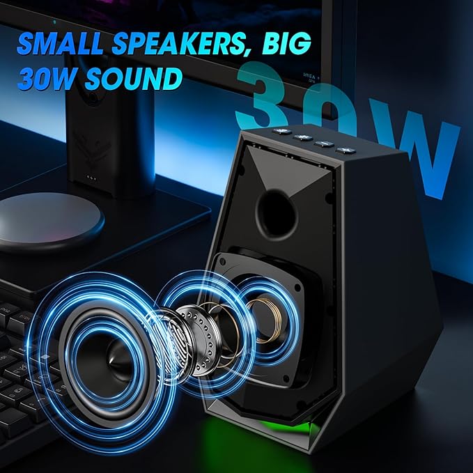 BESTISAN Computer Gaming Speakers for Desktop PC - 30W Powered Monitor Speakers with Bluetooth/AUX/Type-C Connections 6 Colorful Lights Compatible with Monitor Gaming Setup &amp Laptop