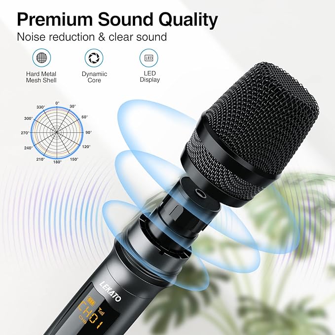 LEKATO Wireless Microphone Rechargeable Wireless Microphones with Receiver Dual Handheld Microphone System Dynamic MIC for Singing Speech Wedding ChurchSpeaker PA System(K380S)