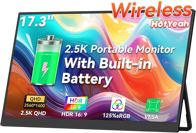 HotYeah 17.3 2.5K Wireless Portable Monitor Support AirPlay Miracast 2560×1440P IPS USB-C HDMI External Monitor 2nd Screen for Laptop MacBook PC Phone Tablet w/Built-in Battery(3-4H)