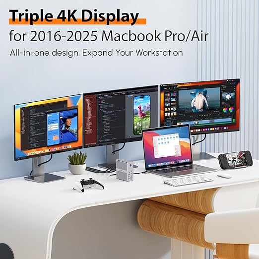 TobenONE DisplayLink Docking Station Triple Monitor with 120W Power Adapter Triple 4K Display for MacBook Pro/Air Thunderbolt 4/3 USB-C Windows(3X HDMI 3X DP 2xUSB-C 4xUSB 3.2 SD/TF)