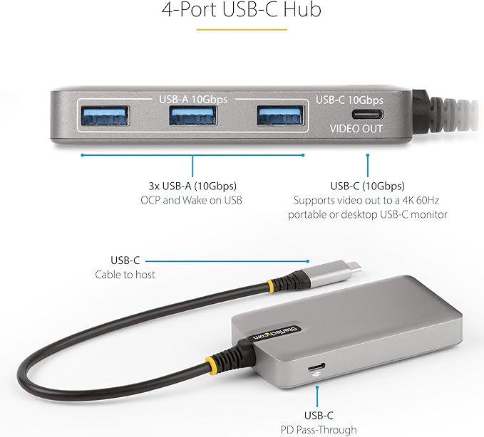 StarTech.com 4-Port USB-C Hub with USB-C DP Alt Mode Video Output 4K 60Hz - 3x USB-A 1x USB Type-C 100W Power Delivery Pass-Through USB 3.2 10Gbps 1ft/30cm Cable Portable USB Hub (HB31C3A1CDPPD3)