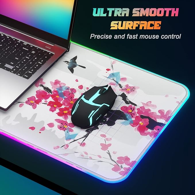 ITNRSIIET RGB Gaming Mouse Pad Full Desk XL Extended Large Gaming Mousepad 12 Lighting Modes 30% Thicker Big LED Desk Mat for Gamers 32 x 12 inches Japanese Mount Fuji Sakura