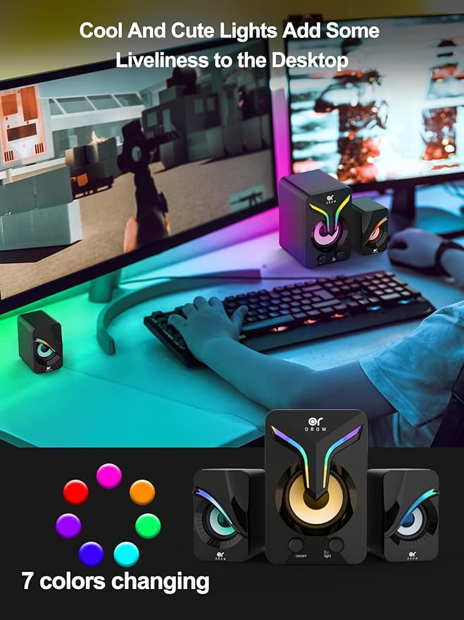 OR O R O W OROW Computer SpeakersMini PC Speakers with Subwoofer2.1 Desktop Speaker with RGB LightsUSB Powered Stereo SoundGaming Speakerwith 3.5mm Aux Cable for Monitor/Laptop/Tablet(S212)