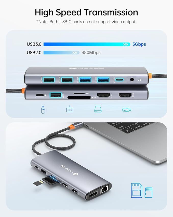 NOVOO USB C Docking Station Dual Monitor for Laptop 14 in 1 Hub Adapter Thunderbolt 3 to Dual 4K60 HDMI+8K30 DP USB C/A Data 100W PD RJ45 SD/TF